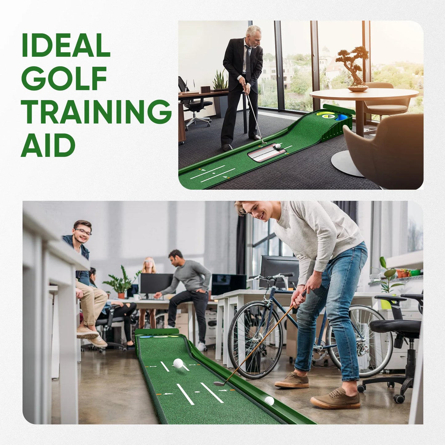 Golfer übt Putt auf Indoor Putting Mat mit Führungslinien