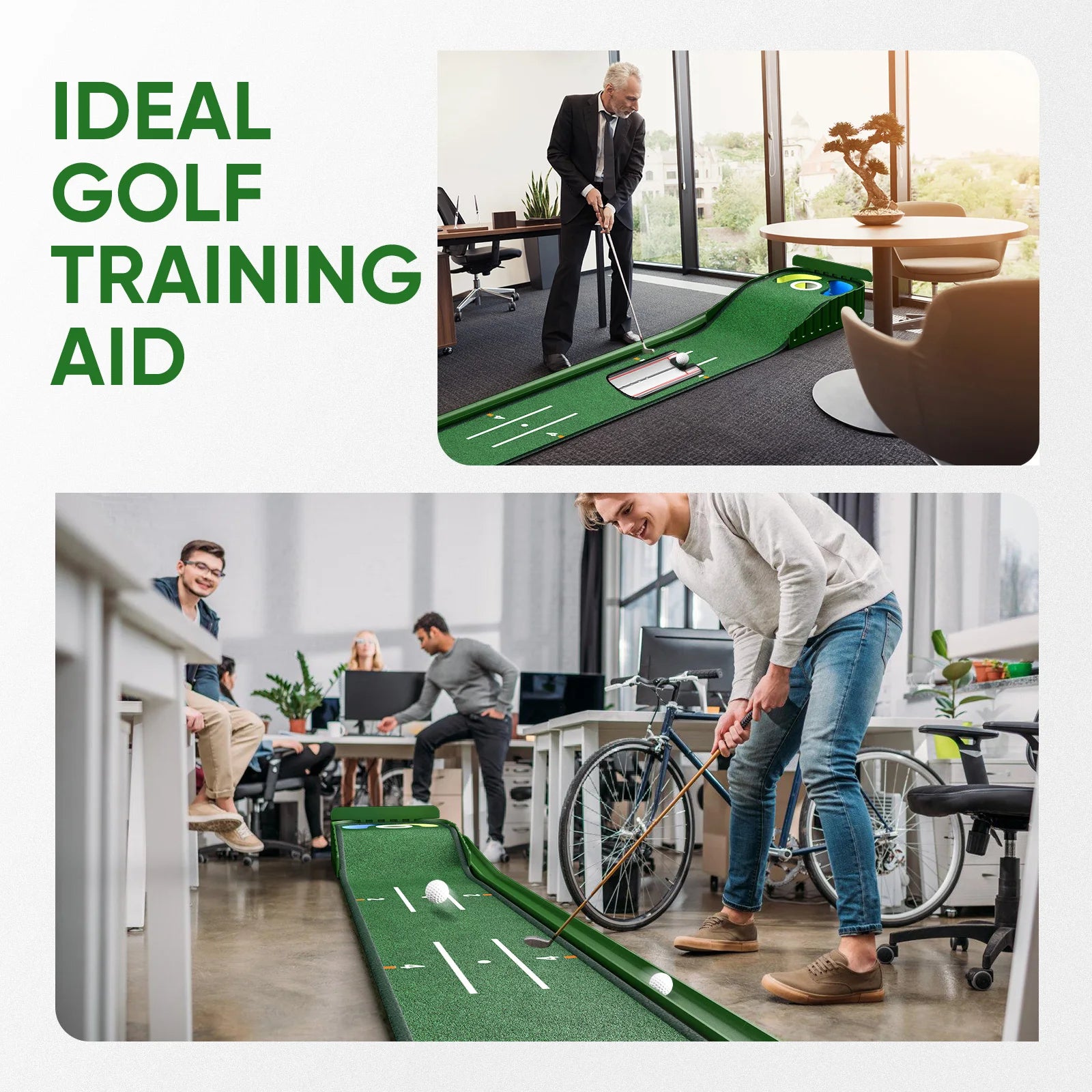 Golfer übt Putt auf Indoor Putting Mat mit Führungslinien