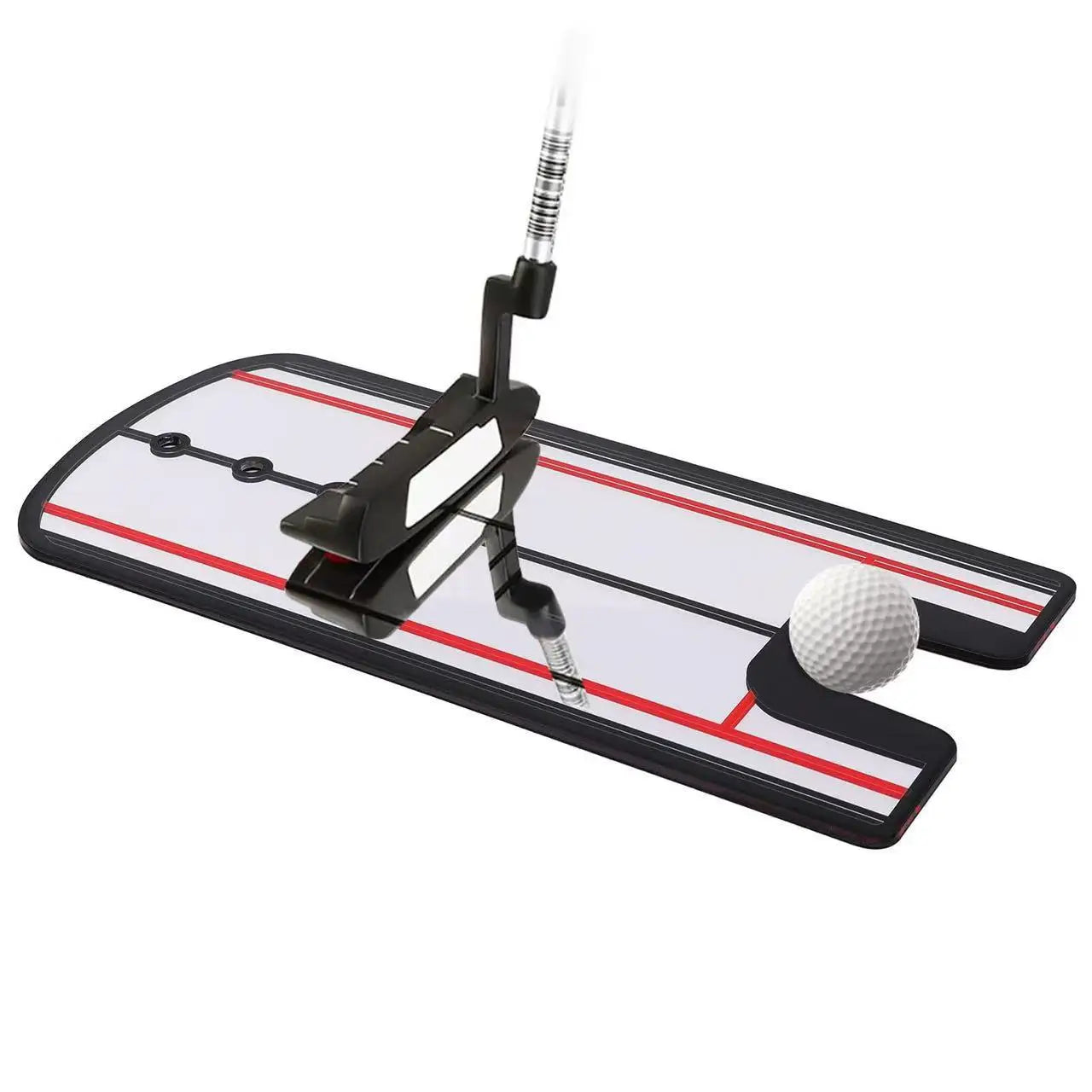 Golf Putting Spiegel mit Putter und Ball auf weißem Untergrund