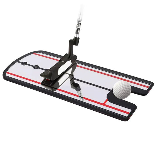 Golf Putting Spiegel mit Putter und Ball auf weißem Untergrund